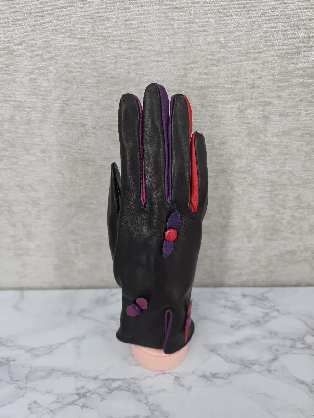 Vintage Black Leather Gloves with Purple & Red Accent Dress Or Driving Gloves